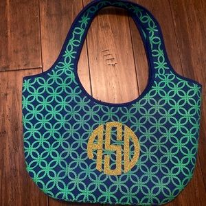 Neoprene nautical anchor rope knot reversible thick tote bag green blue monogram